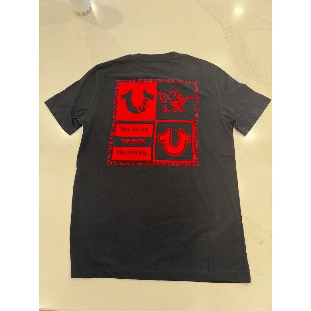 True Religion T-Shirt Mens M Black Red Good Square Horseshoe Logo 700258
